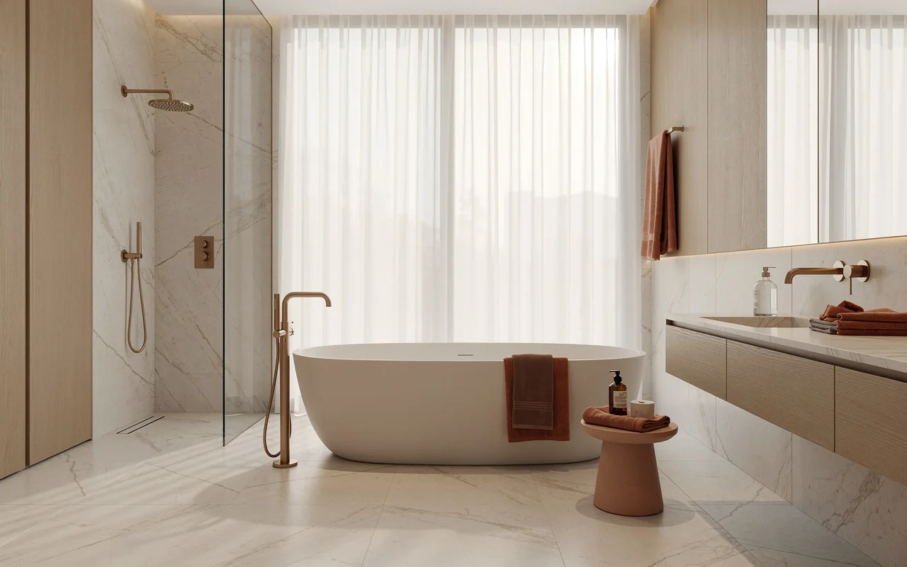 Salle de bain rénovée avec baignoire îlot
