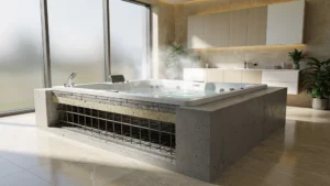 Installation d’un bain à remous encastré sur une dalle béton renforcée dans une salle de bain moderne