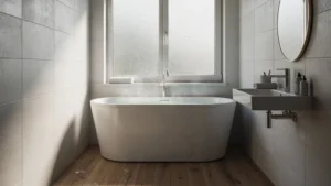 Petite salle de bain avec baignoire balnéo surdimensionnée, illustration de l'espace limité et du luxe surcoté