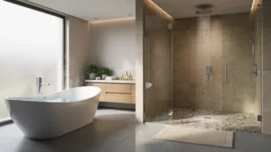 Salle de bain moderne avec baignoire îlot et douche à l'italienne comparant durabilité et design
