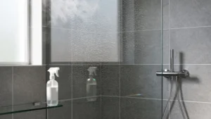 Paroi de douche nette et sans calcaire grâce à un spray anticalcaire efficace pendant deux semaines