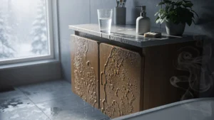 Caisson de meuble de salle de bain gonflé et abîmé en hiver à cause d’un meuble non hydrofuge