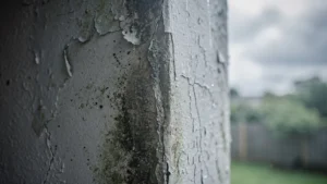 Mur d'angle avec humidité envahissant la surface à cause d'un défaut d'étanchéité