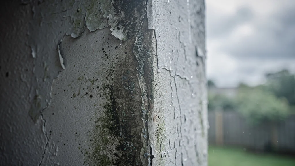 Mur d'angle avec humidité envahissant la surface à cause d'un défaut d'étanchéité