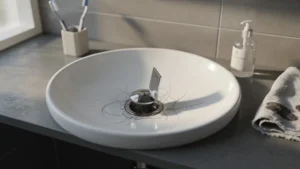 Drain à clapet anti-cheveux cassé au bout d’un mois dans une salle de bain moderne et lumineuse
