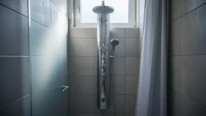 Petite salle d'eau avec colonne de douche hydromassante décevante, ambiance étroite et froide