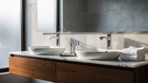 Salle de bain moderne avec double vasque élégante mais entretien complexe au quotidien