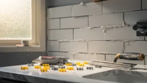 Erreur de pose carrelage mural sans croisillons, carrelage blanc mal aligné dans salle de bain moderne