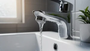 Gros plan réaliste d’un robinet avec aérateur économiseur d’eau coupant le débit sans alerte visible