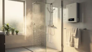 Salle de bain moderne avec douche chaude stable grâce à un chauffe-eau réglé plus bas, ambiance zen et lumineuse