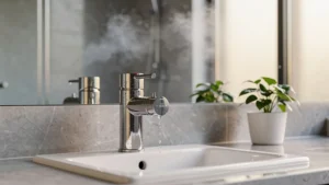 Mitigeur thermostatique moderne installé dans une salle de bain lumineuse pour éviter les disputes d'eau tiède
