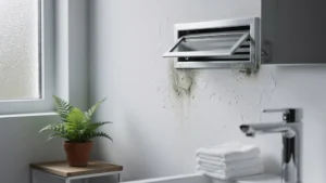 Coin de salle de bain montrant moisissures et ventilation défaillante derrière grille en lumière naturelle