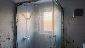 Salle de bain humide avec buée sur la douche et joints détériorés par une VMC sous-dimensionnée