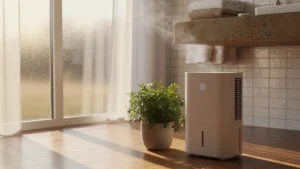 Déshumidificateur d'appoint moderne éliminant la buée sur une fenêtre de salle de bain chaque matin