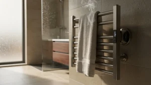 Salle de bain moderne avec sèche-serviettes soufflant en fonctionnement et serviettes chaudes