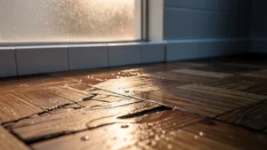 Fuite invisible inondant parquet du dessous en une nuit, bois gonflé et dégâts d’eau visibles