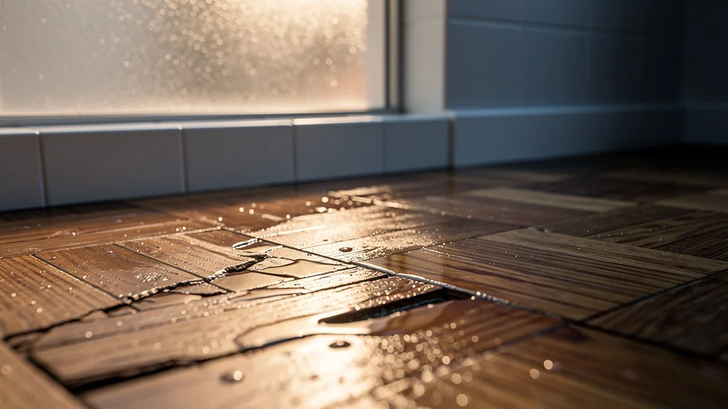 Fuite invisible inondant parquet du dessous en une nuit, bois gonflé et dégâts d’eau visibles