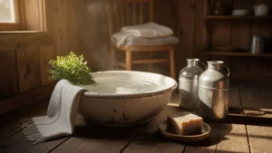 Scène réaliste d’un coin salle de bain rustique minimaliste, illustrant vivre sans salle de bain trois semaines